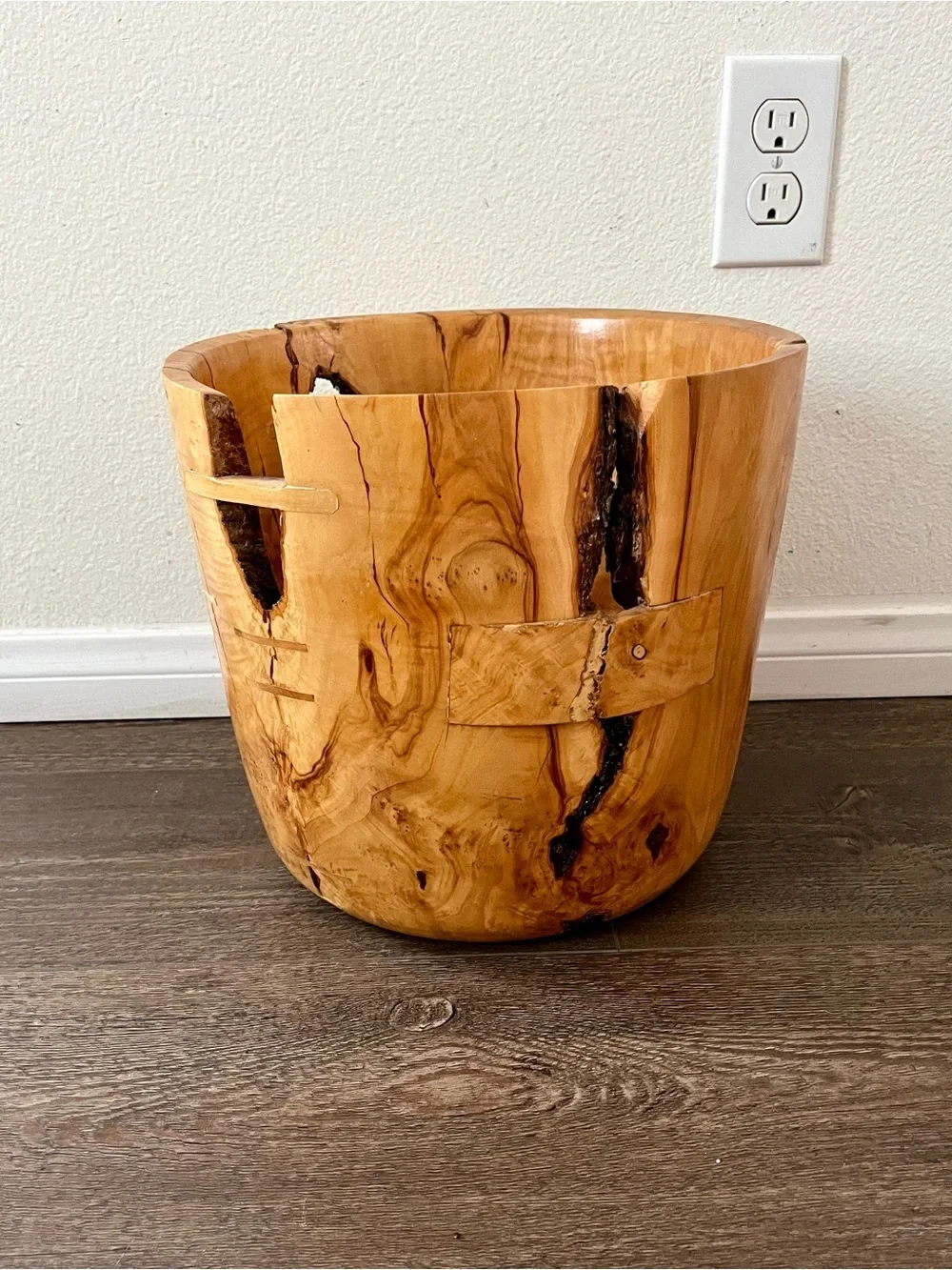 Hand-Carved Natural Wood Accent Planter - Honey Brown